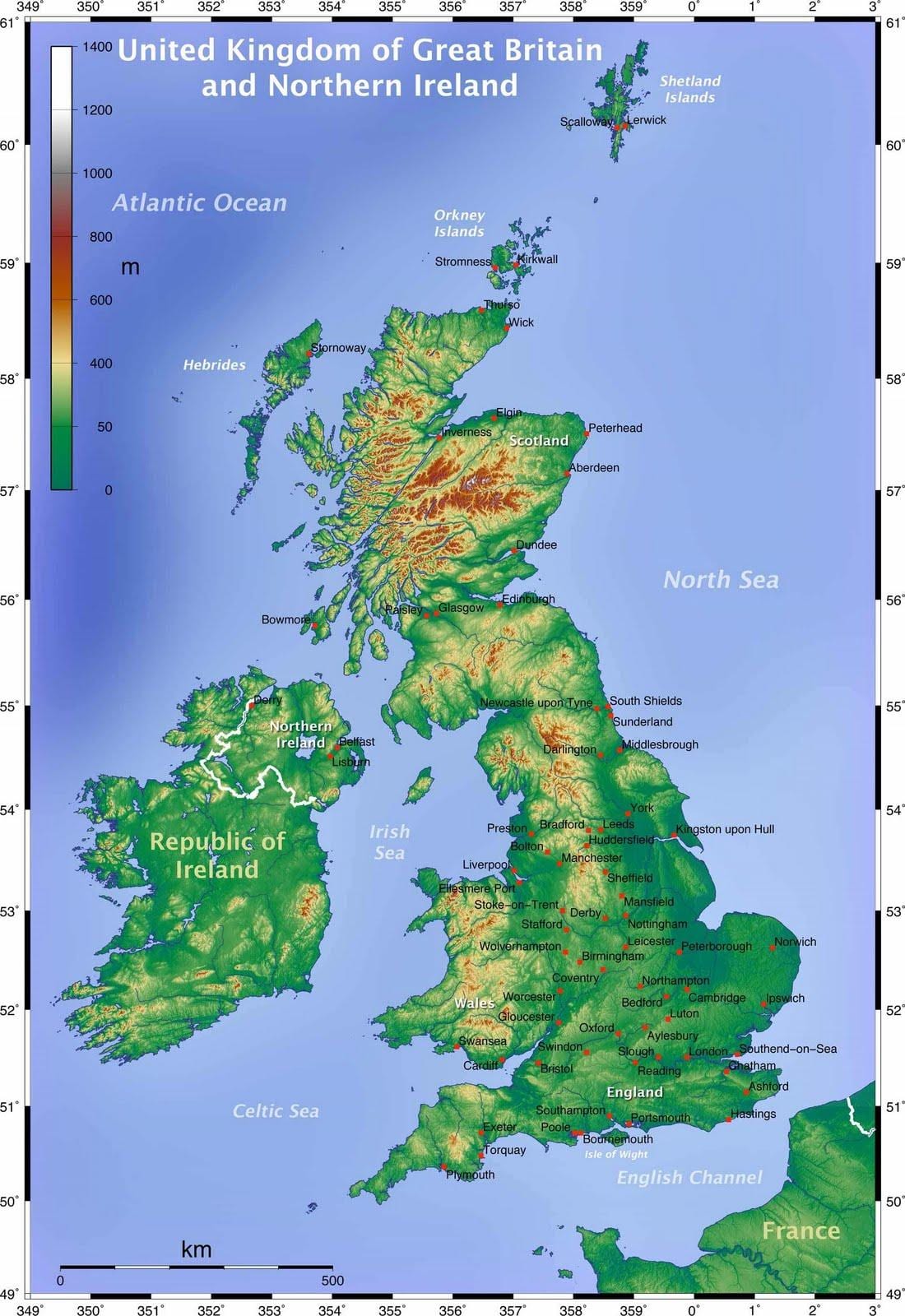 La gran bretagna mappa topografica