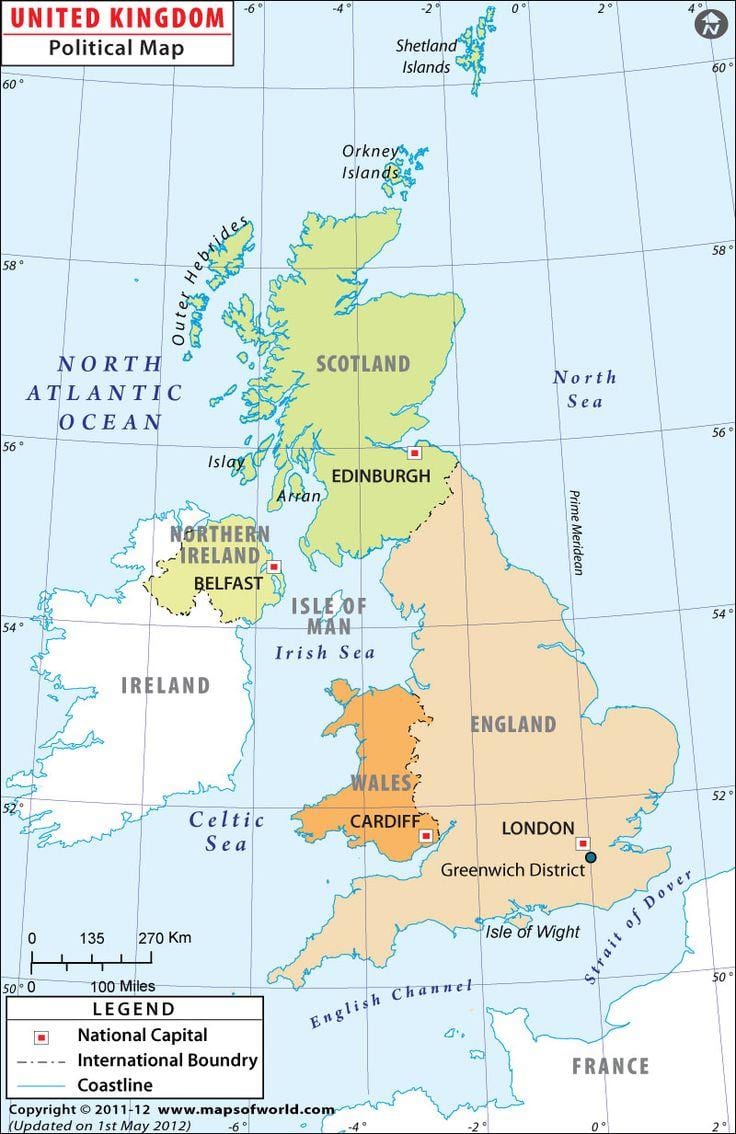 mappa di regno UNITO, mostrando capitali