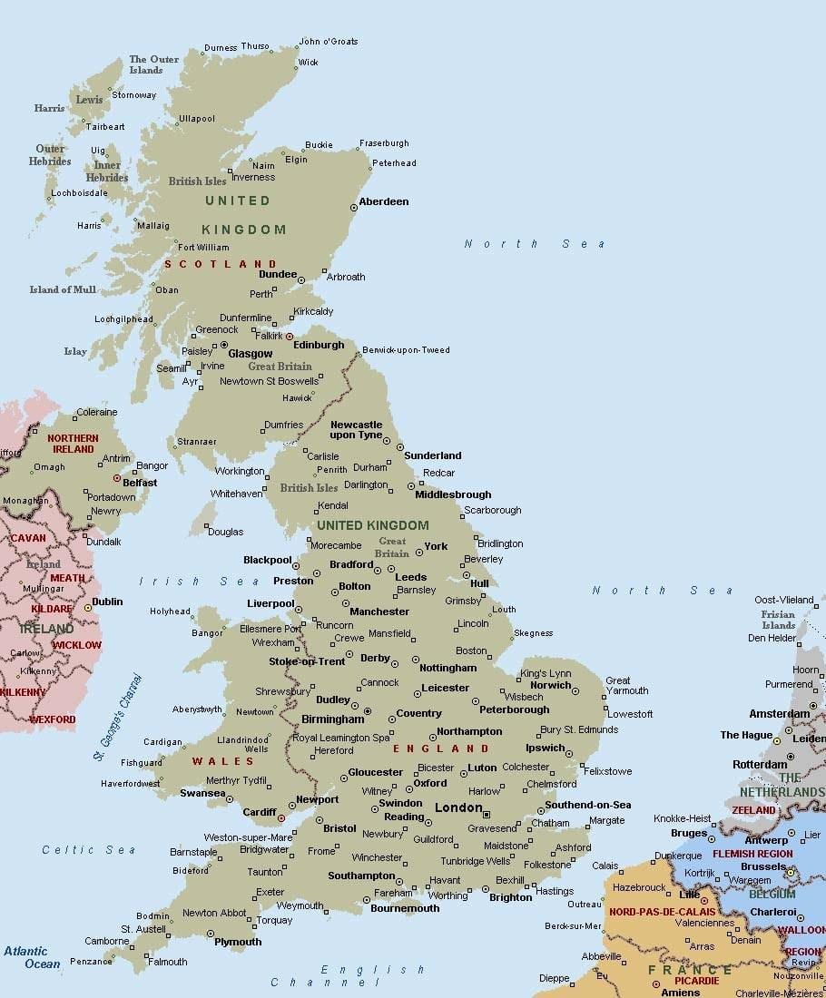 mappa della gran Bretagna con la città